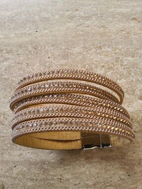 Multi-Row Beige and Gold Crystal Wrap Bracelet